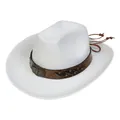 Classic white felt western cowboy hat featuring vintage leather band and bull head buckle - M (56-58cm) / Bull Head Braided Style (118) / White