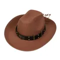 Brown wool cowboy hat featuring a metal eagle badge and bullet stud decorations - M (56-58cm) / Eagle Bullet Style (119) / Camel