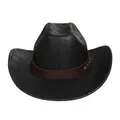 Vintage black cracked faux leather western cowboy hat with brown studded band - M (56-58cm) / Straight Top (375A) / Black