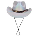 Holographic Western cowboy hat with leopard print band and adjustable chin strap - Concave Top / Silver