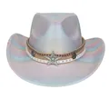Holographic iridescent cowboy hat with metallic star and bohemian braided bands - Heart Top / Silver