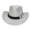 Sparkly silver glitter western cowboy hat with elegant faux pearls and ribbon trim - M (56-58cm) / Silver (Pearl Flower Style)