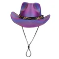 Iridescent purple gradient cowboy hat with leopard print band and adjustable chin strap - Concave Top / Purple