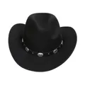 Classic black felt cowboy hat with vintage silver metal disk braided leather band - M (56-58cm) / 166 Series-Concho Metal Buckle / Black