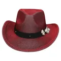 Sparkling red glitter cowboy hat with white pearl beads and floral ornaments for party wear - M (56-58cm) / Red (Pearl Flower Style)