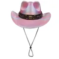 Pink iridescent western cowboy hat with studded leather band and adjustable wind strap - M (56-58cm) / Heart Top-Peach Red