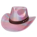 Chapeau de jazz rose holographique à large bord avec ceinture en cuir et rivets métal - M (56-58cm) / Couronne Coeur Rose Pêche