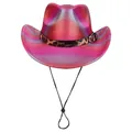 Iridescent pink cowboy hat with leopard print band and adjustable chin strap - Concave Top / Rose Red