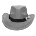 Cappello da cowboy argento glitterato con nastro nero e perle per feste e spettacoli - M (56-58cm) / Grigio Scuro (Stile Perla Fiore)