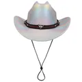 Holographic party cowboy hat in pink with a metallic bull skull and silver studs decoration - M(56-58cm) / Silver (Straight Line Top)