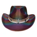 Rainbow holographic cowboy hat with silver star emblem and turquoise stone detail - Heart Top / Dark Purple