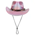 Pink holographic western cowboy hat with leopard print band and adjustable chin strap - Concave Top / Rose Pink