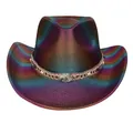 Cappello da cowboy iridescente con finitura metallica sfumata e catena decorativa con perle - M / Parte Superiore a Cuore / Viola Scuro