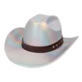 Chapeau de cowboy holographique avec ceinture en cuir marron et clous dorés - M (56-58cm) / Couronne Droite Argent