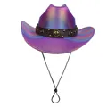 Holographic purple western cowboy hat with studded leather band and adjustable drawstring - M (56-58cm) / Flat Top-Purple
