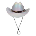 Holographic cowboy hat with leopard print band and adjustable black wind cord - Straight Top / Silver