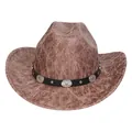 Vintage dark brown faux leather cowboy hat with cracked texture and studded band - M (56-58cm) / Straight Top (381C) / Khaki