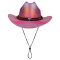 Vibrant pink iridescent disco cowboy hat featuring a silver bull skull charm and chin strap - M(56-58cm) / Rose Red (Straight Line Top)