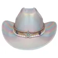Holographic pink cowboy hat with a metal star buckle and iridescent rainbow finish - Straight Top / Silver