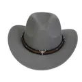 Grey western cowboy wool fedora hat with a silver bull skull and leather band details - 54cm / Gray
