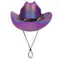 Purple holographic western cowboy hat with leopard print band and adjustable chin strap - Straight Top / Purple