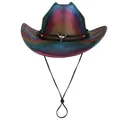 Western disco cowboy hat featuring iridescent rainbow metallic finish and bull skull detail - M(56-58cm) / Dark Purple (Straight Line Top)