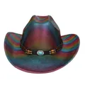 Cappello da cowboy classico con finitura metallica arcobaleno e decorazione in turchese - M (56-58cm) / Corona Piatta / Viola Scuro