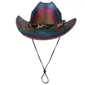 Iridescent holographic cowboy hat with leopard print band and adjustable chin strap - Straight Top / Dark Purple