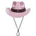 Pink glitter western cowboy hat with studded brown leather band and adjustable wind rope - Plain Style / Pink