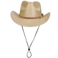 Chapeau fedora jazz doré clair avec bande en cuir marron et cordon coupe-vent réglable - M (56-58cm) / Champagne