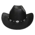 Classic black western cowboy hat with leather texture and silver studded belt decoration - M (56-58cm) / Straight Top (381A) / Black