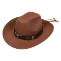 Brown wool western cowboy hat with leather band and longhorn skull metal detail - M (56-58cm) / Longhorn Tassel Wood Bead Style (120) / Camel