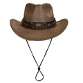 Classic dark brown western cowboy hat with studded leather band and adjustable chin strap - Plain Style / Coffee
