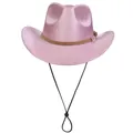 Chapeau de cowboy rose pailleté avec bande en cuir marron et cordon coupe-vent - M (56-58cm) / Rose