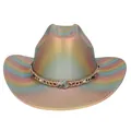 Rainbow gradient cowboy hat with metallic texture and beaded chain decoration - M (56-58cm) / Straight Top / Yellow