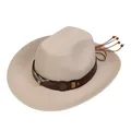 Beige wool felt western cowboy hat with brown leather band and silver bull head decor - M (56-58cm) / Longhorn Tassel Wood Bead Style (120) / Beige