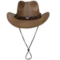 Western dark brown felt cowboy hat with silver bull head metal ornament and chin cord - M (56-58cm) / Coffee