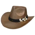 Sparkly gold cowboy hat with wide brim, black band and elegant pearl flower accents - M (56-58cm) / Coffee