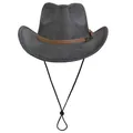 Dark grey herringbone cowboy hat with brown leather band and adjustable wind rope - M (56-58cm) / Dark Gray