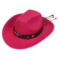 Rose red western cowboy hat with wide brim, silver bull head studs and beaded tassels - M (56-58cm) / Longhorn Tassel Wood Bead Style (120) / Rose Red