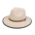 Cappello fedora in lana beige con fascia in pelle marrone e bordo nero a contrasto - M (56-58cm) / Stile Fibbia in Metallo (2HAT082) / Beige