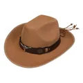 Brown western felt cowboy hat with silver bull head metal accessory and wide brim - M (56-58cm) / Longhorn Tassel Wood Bead Style (120) / Khaki