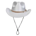 Silver glitter western cowboy hat with brown decorative band and black windproof chin strap - M (56-58cm) / Silver White