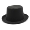 Macro view of black wool felt top hat featuring a stiff high crown and flat brim detail - M(56-58cm) / Black