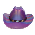 Cappello da cowboy viola iridescente con fascia turchese e finitura metallica su sfondo bianco - M (56-58cm) / Corona Piatta / Viola