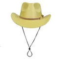 Sparkling gold glitter cowboy hat with brown leather band and adjustable wind rope - M (56-58cm) / Yellow