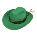 Green western cowboy wool felt hat with brown leather band and silver ox head ornament - M (56-58cm) / Longhorn Tassel Wood Bead Style (120) / Green