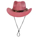 Red western cowboy felt hat with leopard print band and adjustable chin strap - M (56-58cm) / Jazz Hat Style / Watermelon Red