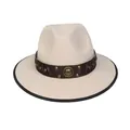 Cappello jazz beige con fascia in pelle marrone con rivetti dorati e dettaglio ferro - M (56-58cm) / Stile Concho Ferro di Cavallo (2HAT083) / Beige