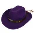 Deep purple western wool felt cowboy hat featuring silver bull head metal ornament - M (56-58cm) / Longhorn Tassel Wood Bead Style (120) / Purple